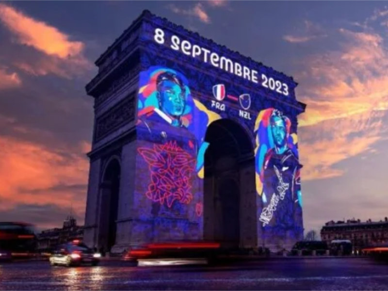 The Arc du Triomphe lit up for the Rugby World Cup 2023